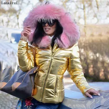 Moterų žiemos striukės ilgas šiltas paltas Sidabro spalvos stiliaus moteriška striukė Platus kailio apykakle ponios parko abrigos mujer invierno