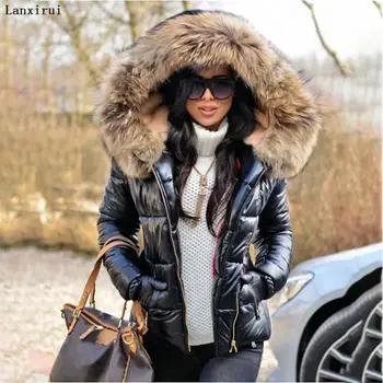 Moterų žiemos striukės ilgas šiltas paltas Sidabro spalvos stiliaus moteriška striukė Platus kailio apykakle ponios parko abrigos mujer invierno