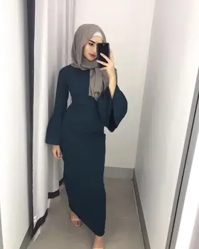 Musulmonų Moterys Maxi Bodycon Apvalkalas Suknelė Elegantiškas Ragų Ilgomis Rankovėmis Varpas Rankovėmis Abaja Jilbab Naujas