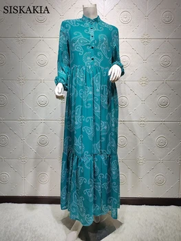 Musulmonų Suknelė Moterims Rudenį 2020 M. Derliaus Etninės Paisley Spausdinti Mygtuką Stovėti Iki Apykaklės ilgomis Rankovėmis Turkija, arabų Drabužius Šifono