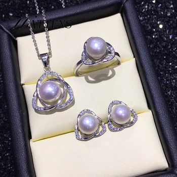 Natūralių Perlų komplektas,papuošalų rinkiniai perlų karoliai pakabukas žiedas, auskarai moterims, 925 sterlingas sidabro vestuvės juvelyrika Dovana