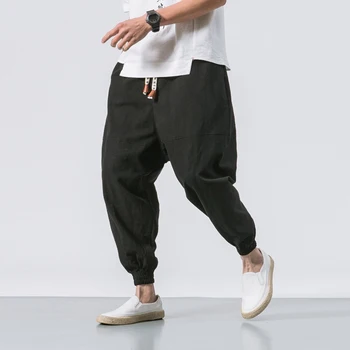 Nauja Japonų Stiliaus Aukštos Kokybės Lino Laisvi Kojų Kelnės Dydį Mados vyriškos Juodos Haremo Kelnės Elastingos Juosmens Kelnės Plius Dydis