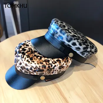 Nauja Rudens Žiemos Flat-top Hat Moterų korėjiečių PU Odos, Leopardas spausdinimui karinio jūrų Laivyno Aštuoniakampis Skrybėlės Britų Stiliaus Sombrero Mujer Skydeliai