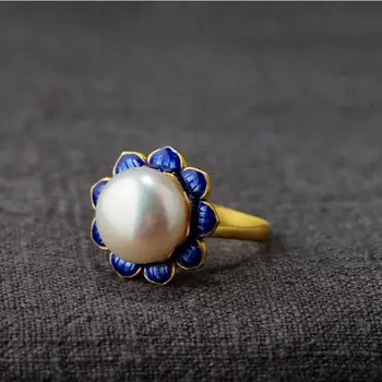 Nauja sidabro inkrustacijos dirbtinių Perlų paauksuota emalio amatų žiedas Kinų klasikinio stiliaus rūmai atidarymo reguliuojamas moterų prekės papuošalai