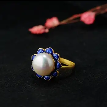 Nauja sidabro inkrustacijos dirbtinių Perlų paauksuota emalio amatų žiedas Kinų klasikinio stiliaus rūmai atidarymo reguliuojamas moterų prekės papuošalai