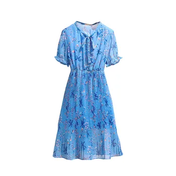 Nauja vasaros plius dydis ilga suknelė moterims didelis trumpomis rankovėmis atsitiktinis elastinga juosmens gėlių plisuotos suknelės mėlyna 4XL 5XL 6XL 7XL