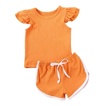 Naujagimis Vaikas Baby Girl Vasaros megzti Apranga, Drabužiai Nustatyti Tvirtą skristi rankovėmis T-shirt Viršuje Kelnės Šortai 2VNT sunsuit 12M-5T