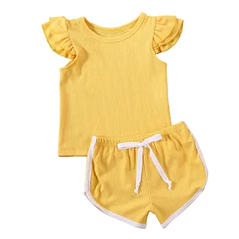 Naujagimis Vaikas Baby Girl Vasaros megzti Apranga, Drabužiai Nustatyti Tvirtą skristi rankovėmis T-shirt Viršuje Kelnės Šortai 2VNT sunsuit 12M-5T