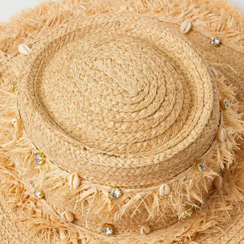 Naujas apvalkalo šviesus diamond žolės kutas apdailos žiedas viršuje rafija didelis kraštų skrybėlių mados saulės šiaudų skrybėlę