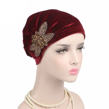 Naujas Atvykimo Puošnios Gėlės Moterims Turbaną Skrybėlė, Žiemą Šilta Musulmonų Indijoje Bžūp Elegantiškas, Minkštas Aksominis Kepuraitė Chemo Bžūp Aukštos Kokybės
