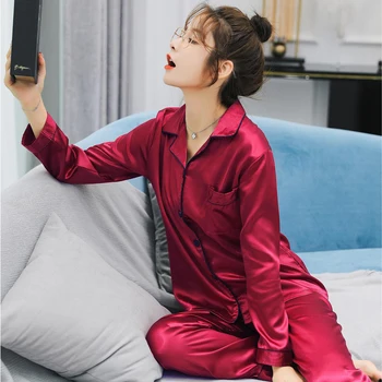 Naujas Dirbtiniais Šilko Pižama naktiniai drabužiai Moterims Nustatyti, Minkštas ir Patogus, Paprasta, Gryna Spalva Laisvalaikio ilgomis Rankovėmis Sleepwear