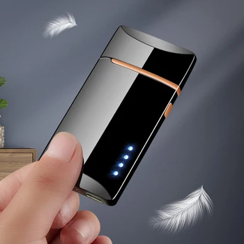 Naujas Dual Lanko USB Elektros Lengvesni LED Maitinimo Ekranas Touch plazminius, Žiebtuvėlio Vėjo Metalo Suvenyrinis Žiebtuvėlis Vyrų Dovanos