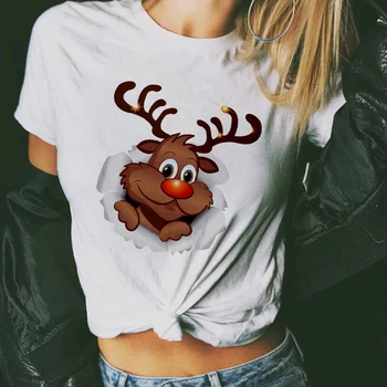 Naujas mielas šiaurės elnių marškinėliai moterims mados Kalėdų Harajuku Trumpas Rankovės marškinėliai Balti, Tinkamas visais metų laikais Marškinėlius Viršūnes drabužiai