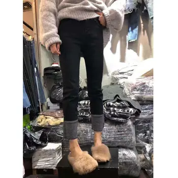 Naujas stilius Pliušinis džinsus, didelio dydžio moteriški drabužiai rudens ir žiemos mados aukštos juosmens mažų kojų devynių taškų tiesios kelnės