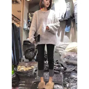 Naujas stilius Pliušinis džinsus, didelio dydžio moteriški drabužiai rudens ir žiemos mados aukštos juosmens mažų kojų devynių taškų tiesios kelnės
