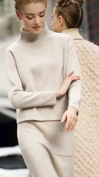 Naujas storas kašmyro megztinis moterims tiktų apvalios kaklo megztinis maišelį klubo vidutinio ilgio sijonas, dviejų dalių laisvas