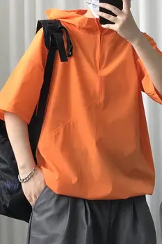 Naujas vasaros Nauji Mados prekės ženklo tendencija vyriški T-shirt prarasti gobtuvu pusė rankovės pora trumpas viršūnes hip-hop Nemokamas pristatymas Oranžinė