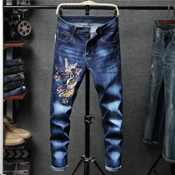 Naujas vyrų streetwear Paukščių siuvinėjimo Ruožas Liesas Jogger Džinsus su mados prekės ženklo Vyras Ruožas medvilnės džinsinio audinio juodos mėlynos spalvos kelnės