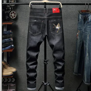 Naujas vyrų streetwear Paukščių siuvinėjimo Ruožas Liesas Jogger Džinsus su mados prekės ženklo Vyras Ruožas medvilnės džinsinio audinio juodos mėlynos spalvos kelnės