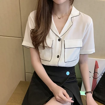 Naujas Įpjovomis Trumpas Rankovės Šifono Palaidinė Baltos Spalvos Marškinėliai Moterims Drabužių 2020 Metų Vasaros Viršūnes Mygtuką Kišenės Korėjos Mados Chemisier Femme