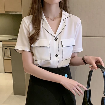 Naujas Įpjovomis Trumpas Rankovės Šifono Palaidinė Baltos Spalvos Marškinėliai Moterims Drabužių 2020 Metų Vasaros Viršūnes Mygtuką Kišenės Korėjos Mados Chemisier Femme