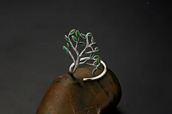 Naujausia Rankų darbo 925 Papuošalai Sidabro padengtą Medis su žalių lapų Formos Wraped Žiedai Mados Dizaino Moterys moterys Žiedas Papuošalai