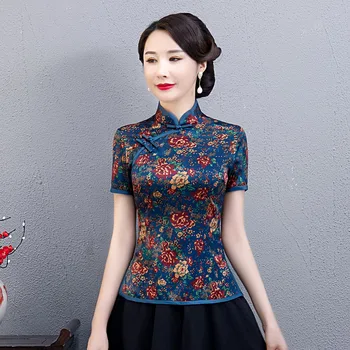 Negabaritinių Stiliaus Kinijos Moterims Marškinėliai, M-5XL Derliaus Cheongsam Palaidinė Lady Drabužių Vasaros Qipao Suknelė Mandarinų Apykaklės Suknelė Vestido