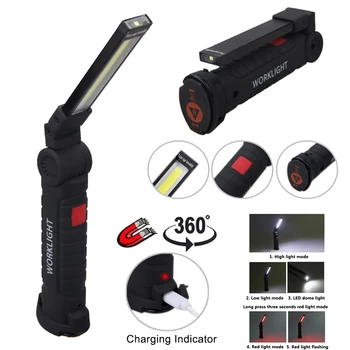 Nešiojamų COB Žibintuvėlis USB Įkrovimo 5 Režimo LED Darbo Šviesos Magnetinis Kablys Lanterna Kabinti Palapinė Žibinto Lempa, Built-in Baterijos