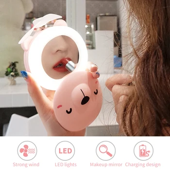 Nešiojamų Makiažo Veidrodis Su LED Šviesos Animacinių filmų Lankstymo Ventiliatorius USB Įkrovimo Gamtos Šviesus Reguliuojamas Rožinė Makiažas Veidrodis Vonios Priemonė