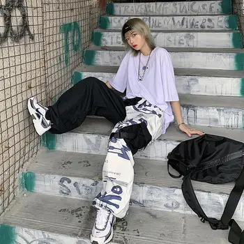 NiceMix 2020 Streetwear Grafiti Kratinys Juostelės Moterų Jogger Kelnės Nukentėjo Spalva Kišenėje Aukštos Elastinga Juosmens Moterų Kelnes Kelnės