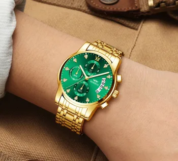 OLMECA Gold Nerūdijančio plieno Dirželis Kvarcas Chronograph Žiūrėti Vandeniui Laikrodžiai, Rankiniai Laikrodžiai Vyrams Klasikiniai Green Diamond Ciferblato Laikrodis
