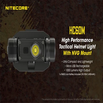 Originalus Nitecore HC60M Žibintai su 3400mAh Baterija 1000 Liumenų USB Įkrovimo CREE XM-L2, U2 LED Šviesos Šalmas