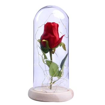 Pakilo Į Kolbą Grožio Ir Žvėrys Auksu Raudona Rožė Su LED Šviesos Stiklo Kupolas Už Vestuves Motinos Diena Dovana