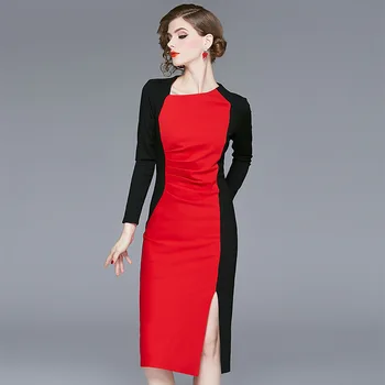Pavasario 2020 moterų naujus high-end retro suknelės pagerėjo cheongsam spalvų kontrastas garsenybių klubo ilgomis rankovėmis suknelė