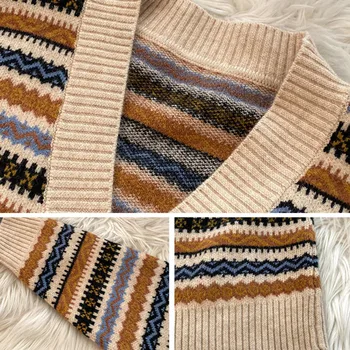 PEONFLY 2020 moteriški Megztiniai Rudens Žiemos Atsitiktinis Geometrinis V-Kaklo, susagstomi megztiniai Mygtuką Striukė Chalatą ilgomis Rankovėmis Laisvas Megztinis
