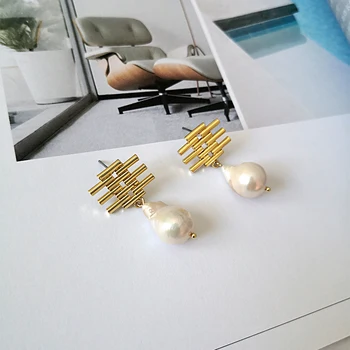 Peri'sBox Multi Aukso Storio Juosta Pearl Drop Auskarai Geometrinis Natūralių Gėlavandenių Perlų Žavesio Auskarai Baroko Boho Auskarai Femme