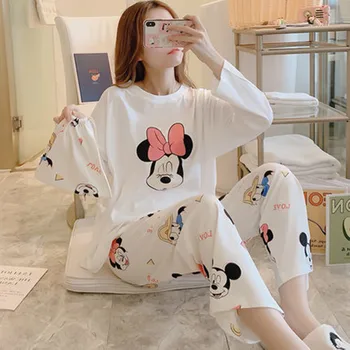 Pižama Moterų Pavasarį, Rudenį Grynos Medvilnės korėjos-stilius Laisvas-Fit Long Sleeve Homewear Pijama Mujer