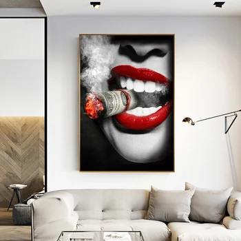 Plakatas Drobės Tapybos Abstrakčiai Seksualus Lūpų Rūkyti Moterys su Pinigais Sienos Nuotraukas, Baras,Studijų Kambario, Biuro, Namų Dekoro Cuadros
