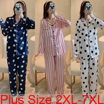 Plius Dydis 2XL-7XL Moterų Šilko Satino Pižama Komplektas su Kelnes Long Sleeve Turn-žemyn Apykaklės Pyjama Pijama Sleepwear