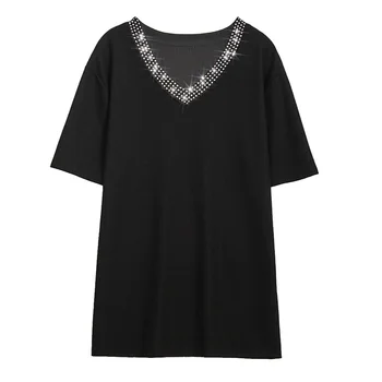 Plius dydis megzti medvilnės marškinėliai moterims 2020 metų vasaros naujovė deimantų v-kaklo trumpomis rankovėmis korėjos marškinėliai, ponios prarasti viršūnės