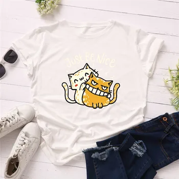 Plius Dydžio Marškinėlius S-5XL Lovely Cat Laišką, Print T Shirt Moterims Medvilnės, O Kaklo trumpomis Rankovėmis Viršūnes Vasaros T Marškinėliai Moterims Marškinėliai