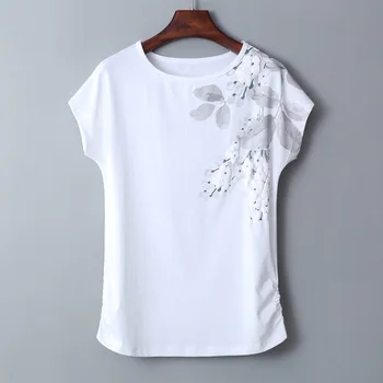 Plus Size 4XL5XL Moterų marškinėliai trumpomis Rankovėmis Gėlių Spausdinti Vasaros marškinėliai Moterims Pusėje Plisuotos Medvilnės Atsitiktinis Viršūnes Tees