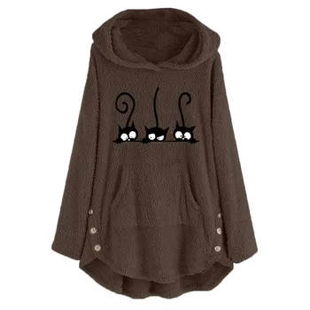 Plus Size Kawaii Hoodies Moterų Vilnos Katė Siuvinėjimo Šiltas Hoodie Viršūnes Mygtuką Rudens Žiemos Ilgos Rankovės Atsitiktinis Bliuzono Megztinis