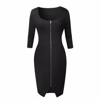 Ponia drabužių OWLPRINCESS 2020 Susiuvimo Užtrauktukas Slim Fit 3/4 Rankovėmis Suknelė vientisa spalva kvadratinių kaklo siūlės suknelė
