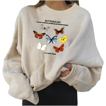 Ponios megztinis palaidinukė su drugelio spausdinti Japonų žiemos 2020 negabaritinių ponios megztinis šiltas hoodie