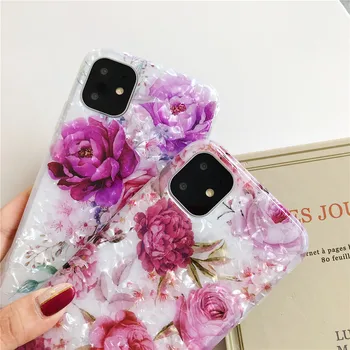 Prabanga Violetinė Gėlių Shell i11 Atveju iPhone, 11 Pro MAX XS X XR Atveju Mielas Minkštas Silikoninis Dangtelis, Skirtas 