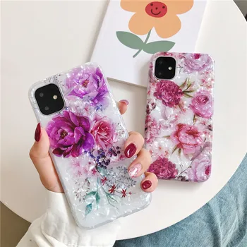 Prabanga Violetinė Gėlių Shell i11 Atveju iPhone, 11 Pro MAX XS X XR Atveju Mielas Minkštas Silikoninis Dangtelis, Skirtas 