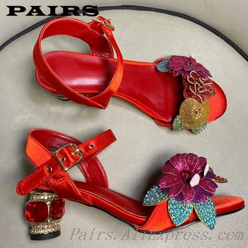 Prabangūs Batai Moterų sandalai Dizaineriai Blokuoti Kulnas vasaros bateliai Raudonos Aksomo Viršutinės BlingBling Gėlių Crystal Plus Size 43