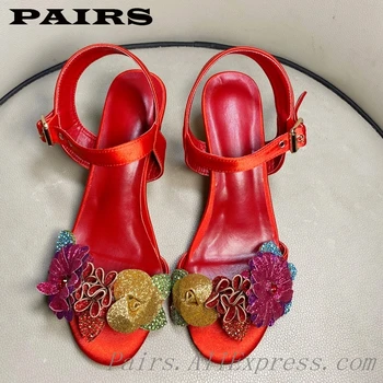 Prabangūs Batai Moterų sandalai Dizaineriai Blokuoti Kulnas vasaros bateliai Raudonos Aksomo Viršutinės BlingBling Gėlių Crystal Plus Size 43