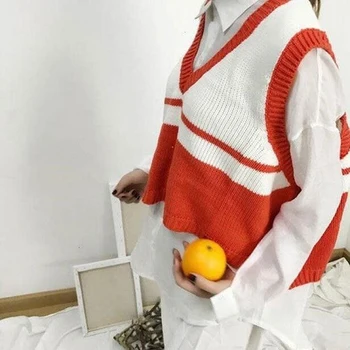 Preppy Stilius Moterų Megztinis Liemenė Prarasti Rankovių Dryžuotas Kratinys V Kaklo Liemenė Nauja Rudens Moterų Outwear